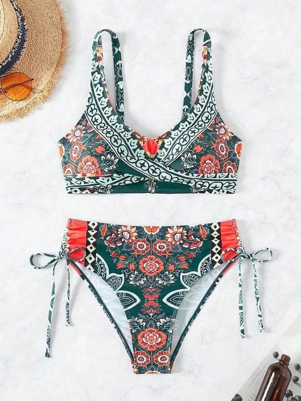 Teal Floral High-Waist Bikini Set - Women Swim